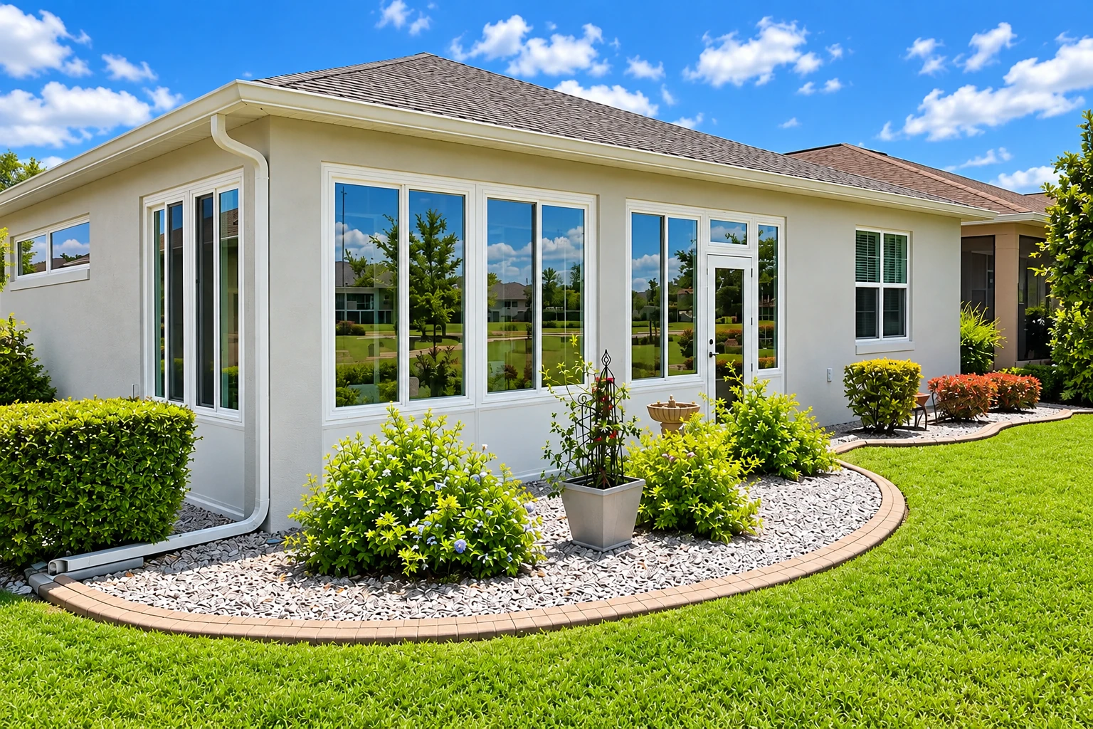 A white all-season room has broad glass windows and a glazed door, bordered by a curved stone garden bed and lawn.
