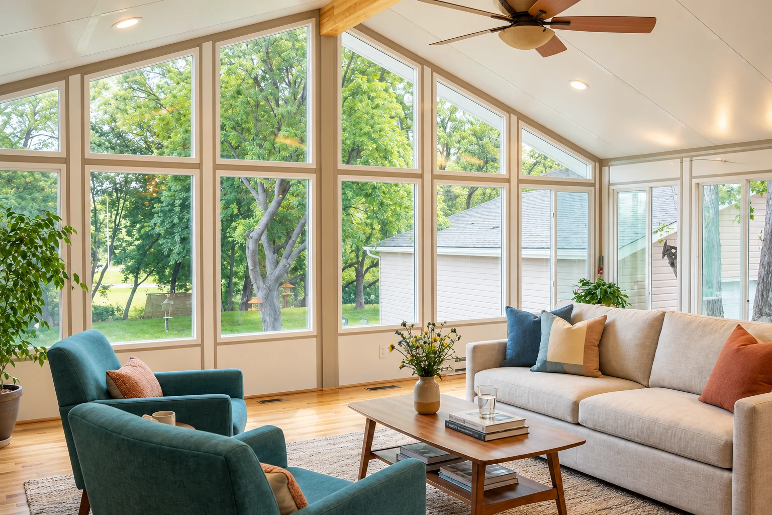 Bright four-season sunroom with floor-to-ceiling windows, a vaulted ceiling, and seating around a coffee table.