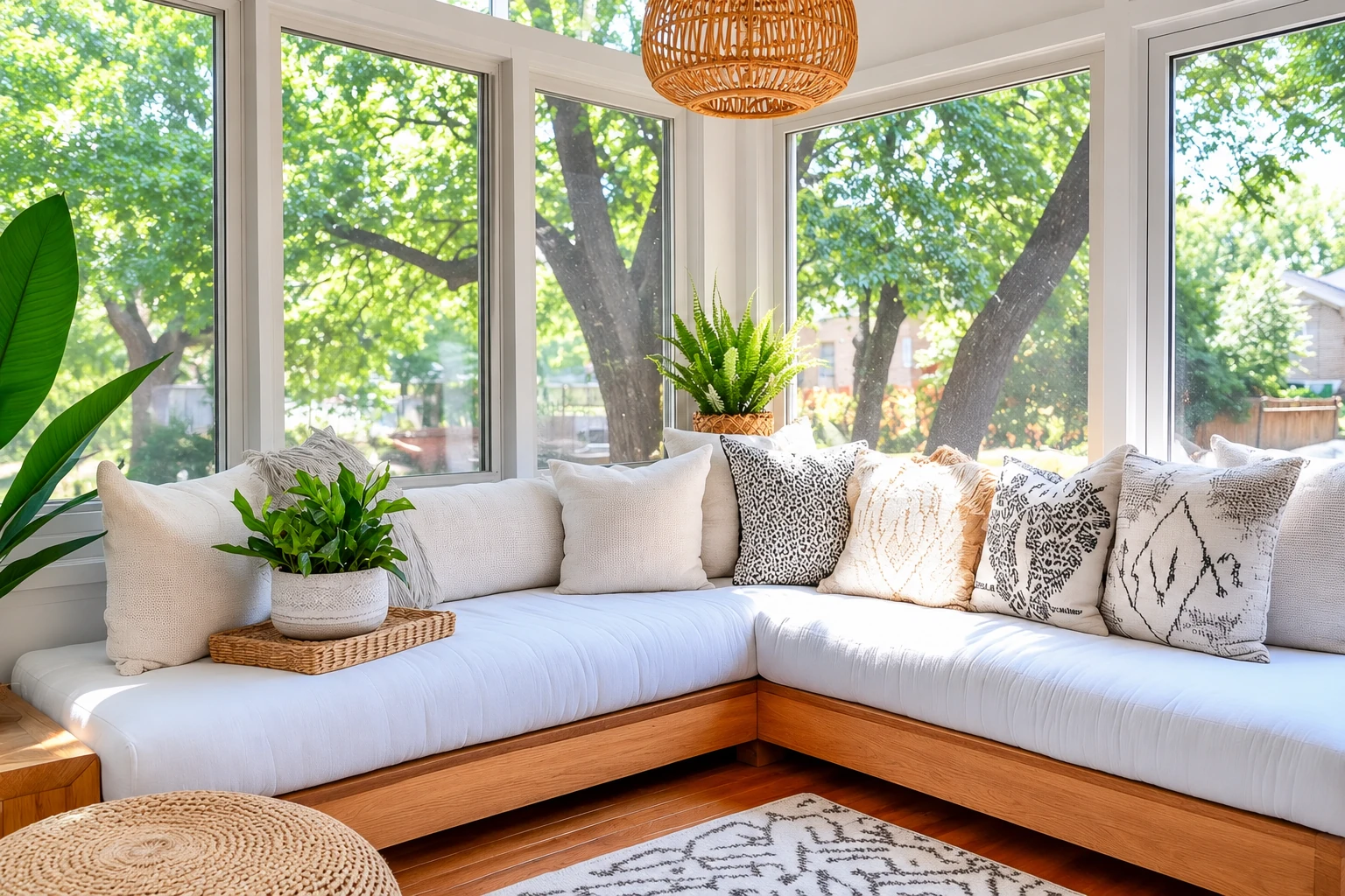 Custom sunroom with a white wraparound sofa, wood base, leafy plants, and large windows overlooking trees.