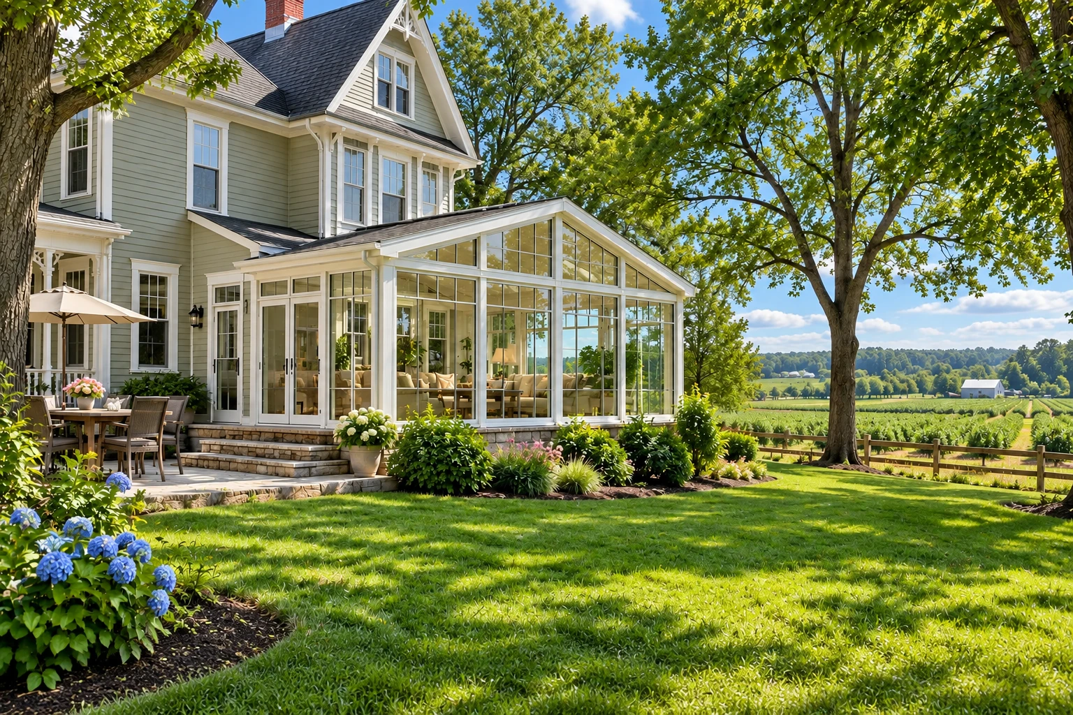 Custom sunroom with a white-framed glass gable attached to a gray house, opening onto a landscaped lawn and rural fields.