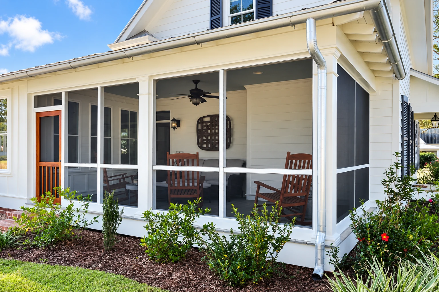 A white enclosed patio room features screened walls, a wood-framed door, and outdoor chairs beneath a roof overhang.