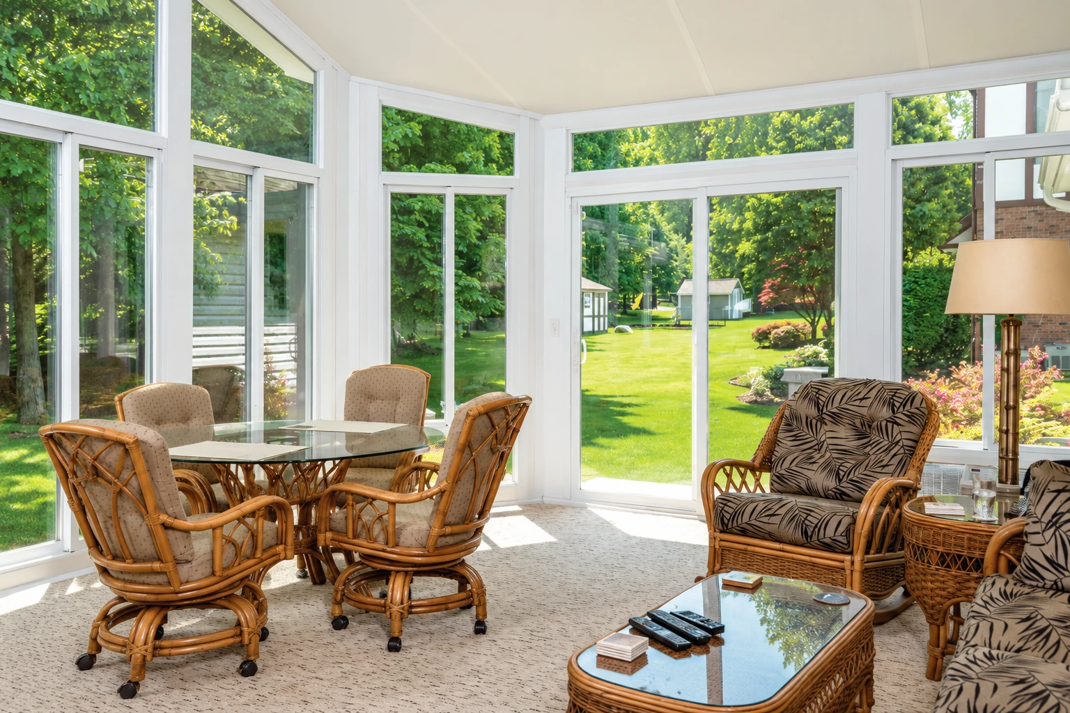 Four-season sunroom with white-framed windows, a dining set, and wicker seating facing a green garden.