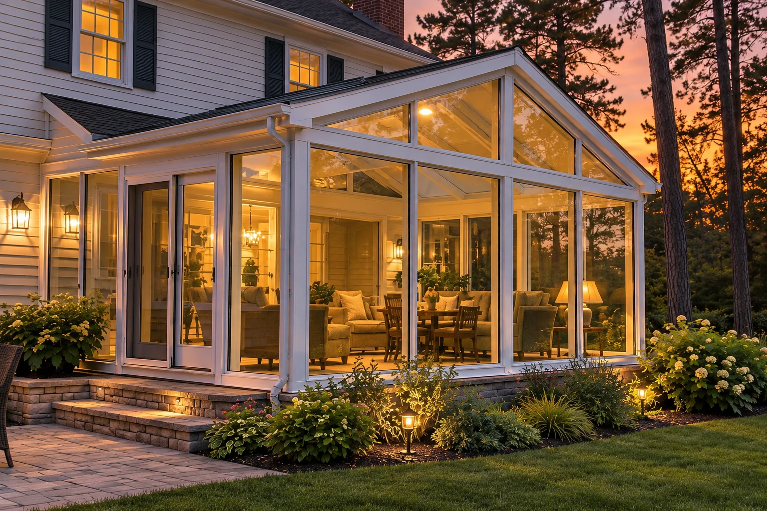 Four-season sunroom with white-framed glass walls and peaked roof glows at dusk beside a house.