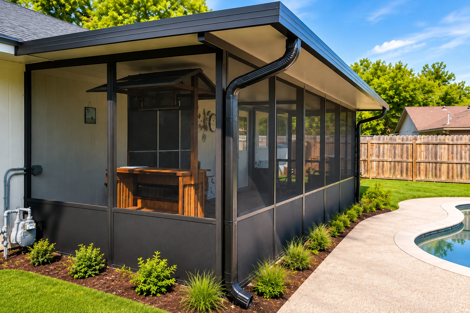 Screened patio enclosure with dark framing beside a swimming pool and landscaped lawn.