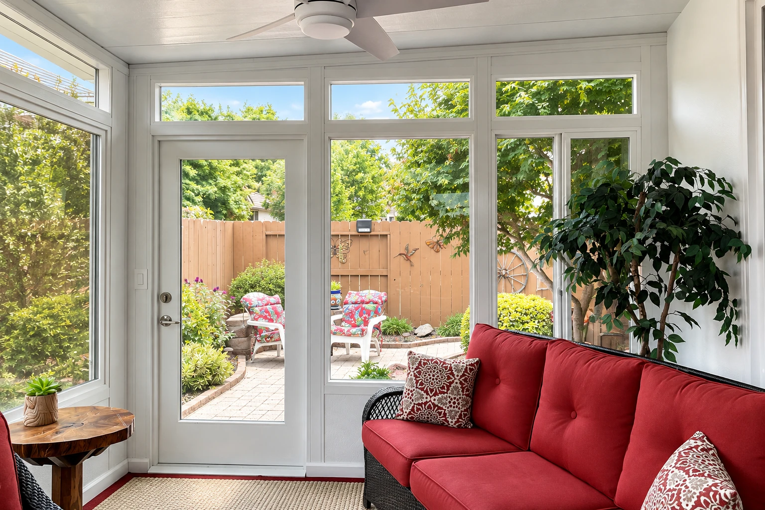 Enclosed patio room with white-framed windows, a glass door, and a red sofa facing a garden patio.