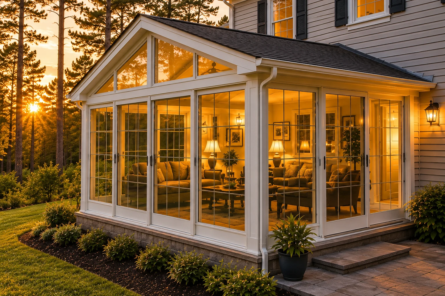Glass-enclosed sunroom addition glowing at sunset, with white framing, a gabled roof, and views of surrounding trees.