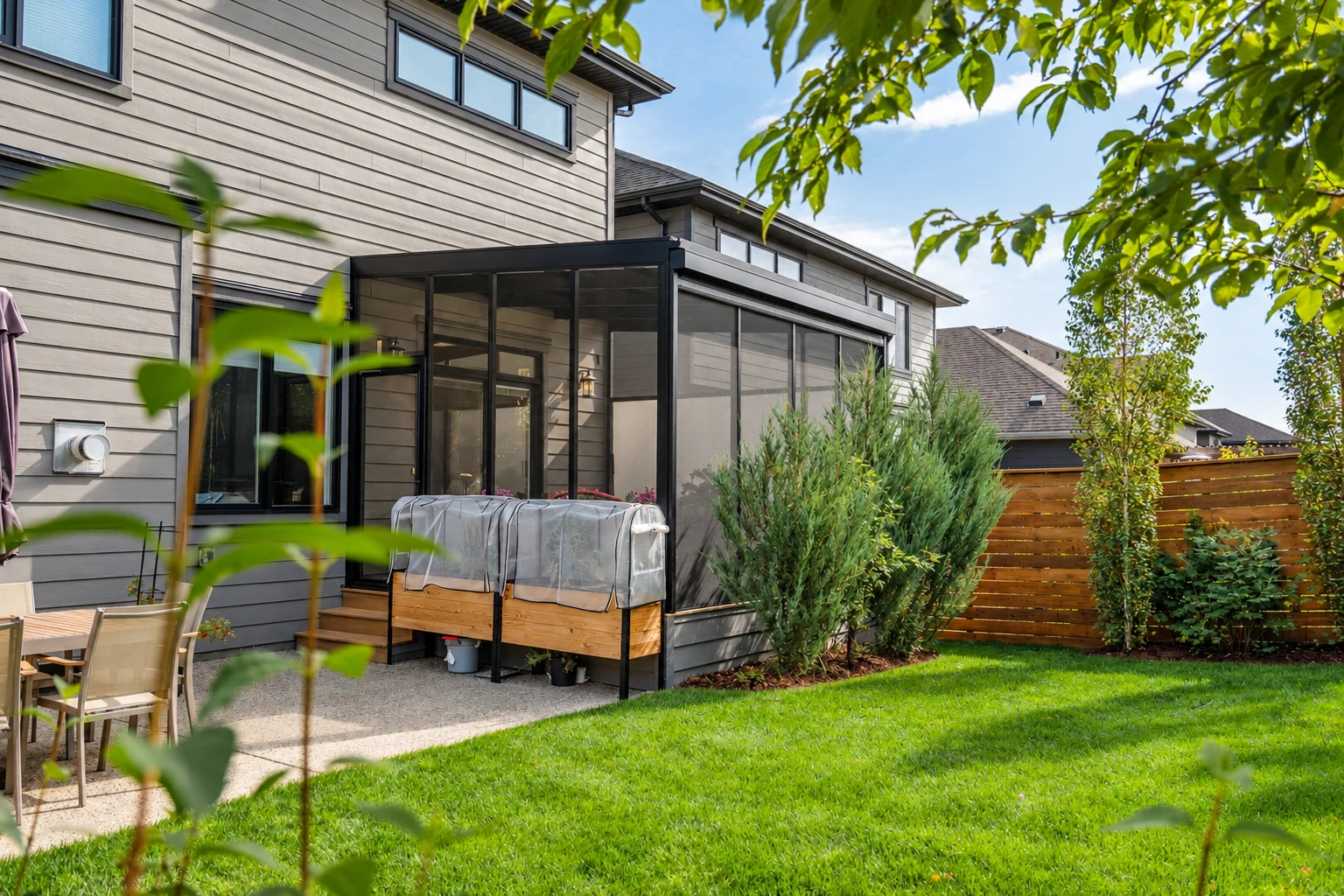 Patio-to-sunroom conversion with dark-framed glass walls attached to a gray house beside a fenced lawn.