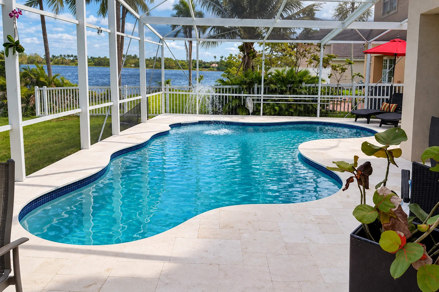 Screened pool enclosure with white framing, a curved blue pool, pale stone decking, and palm trees beside a lake.