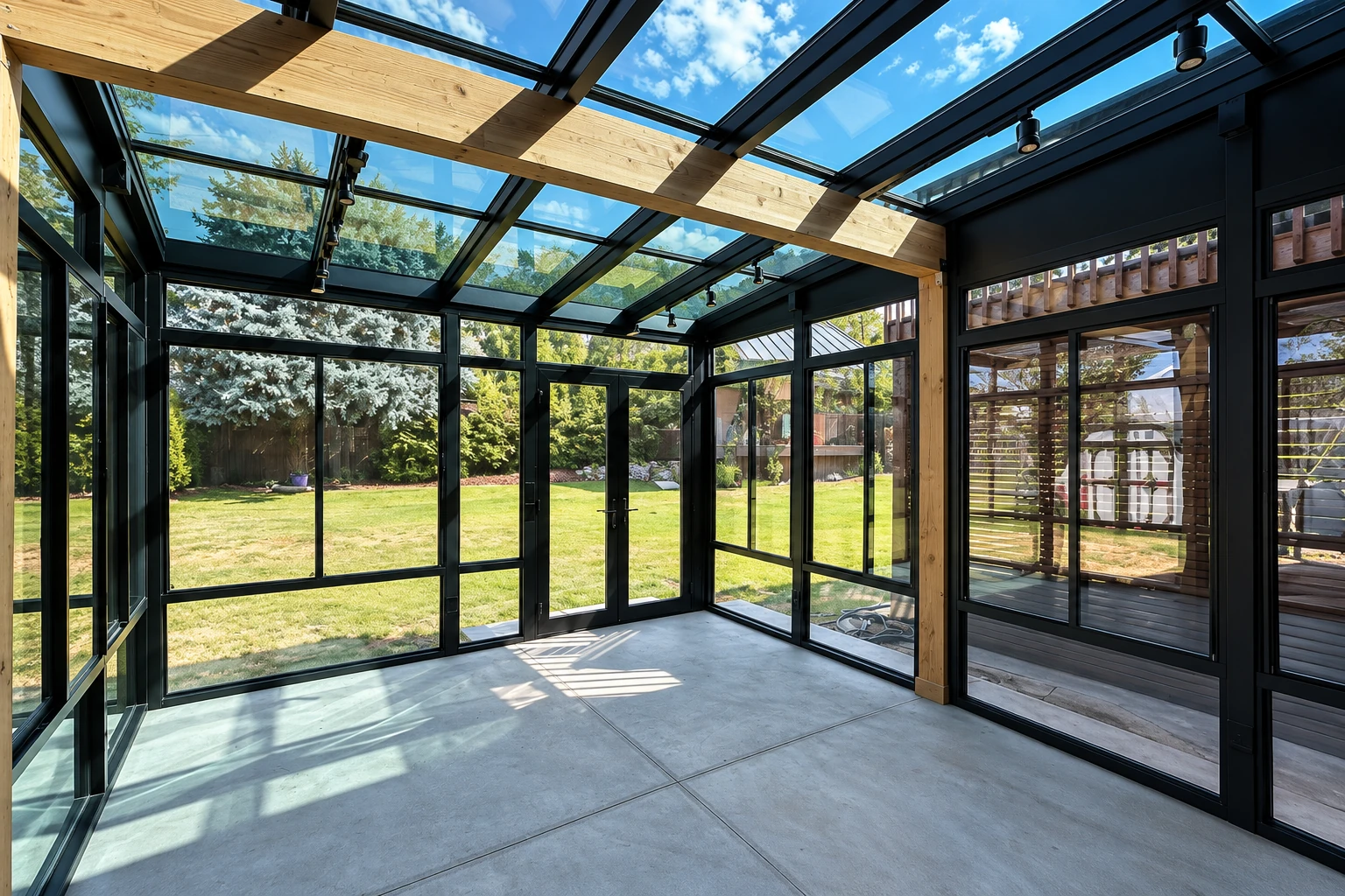 An unfinished solarium has black-framed glass walls and a glass roof supported by exposed wooden beams.