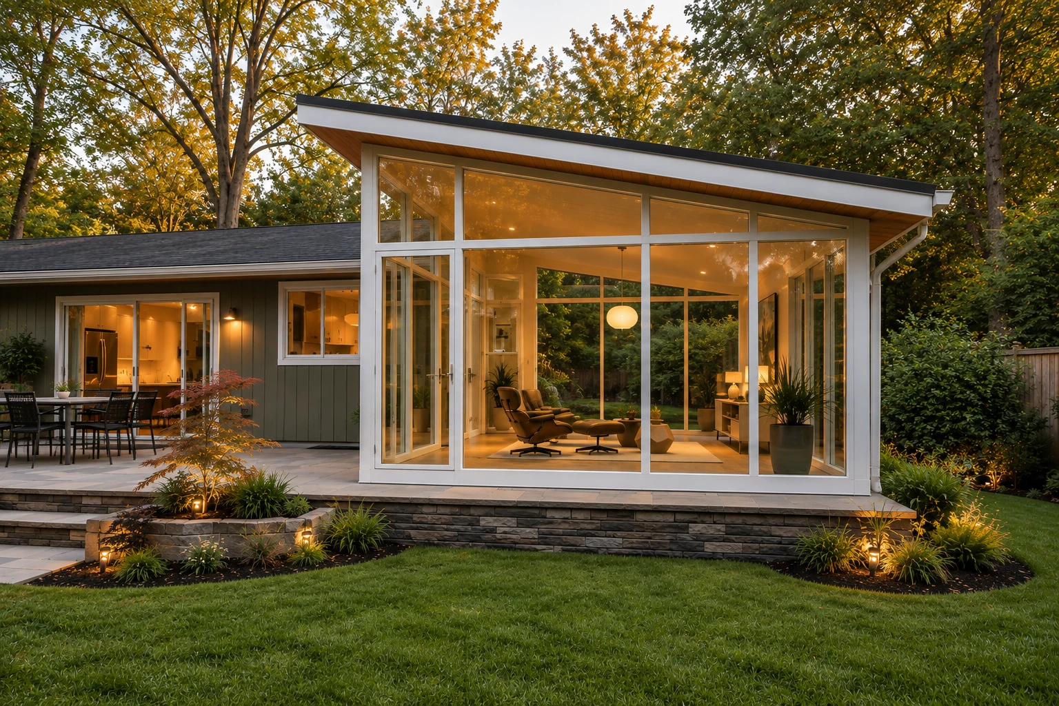 A modern sunroom with tall glass walls and a sloped roof glows warmly at dusk beside a patio and wooded garden.