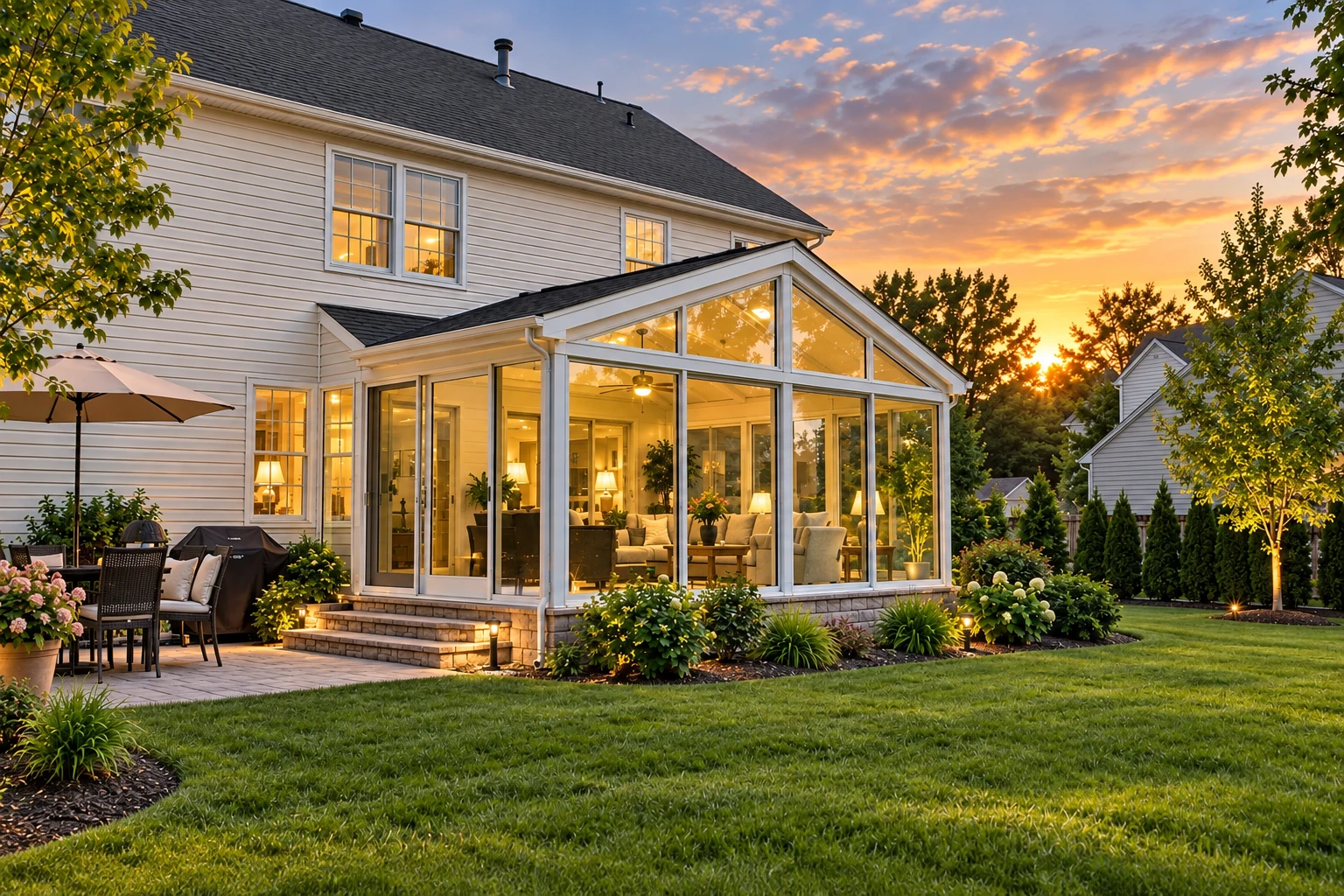A glass sunroom with a peaked roof extends from a white house, glowing at sunset beside a landscaped lawn.