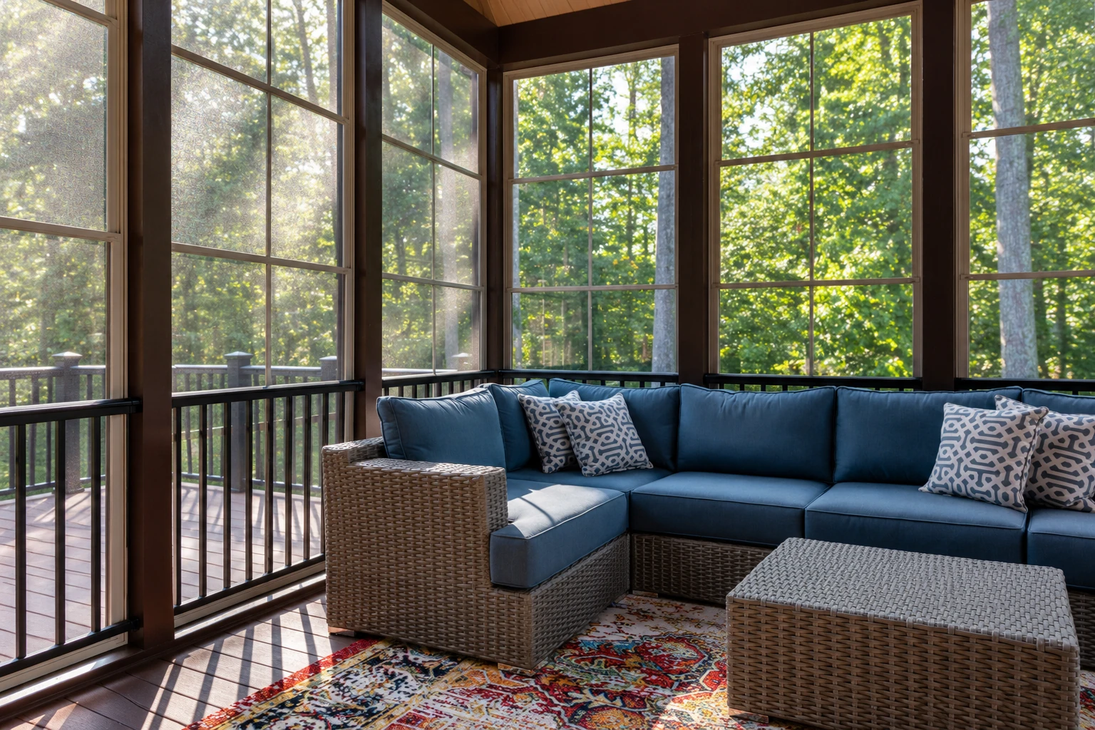 Sunroom with dark wood-framed windows, a blue sectional sofa and woven furniture overlooking leafy trees.