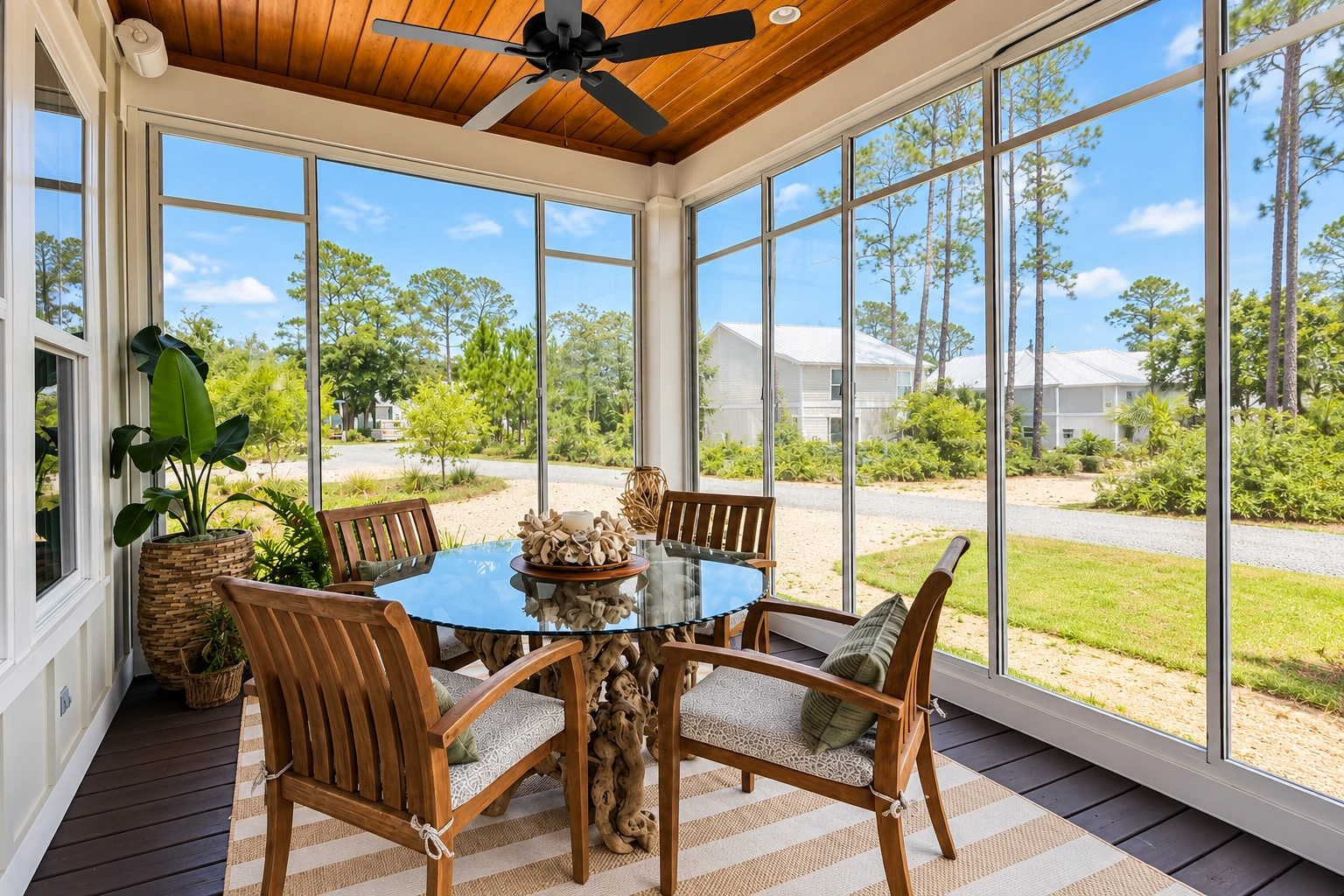 Three-season sunroom with a wood-paneled ceiling, wide windows, and a wooden dining set overlooking a yard.