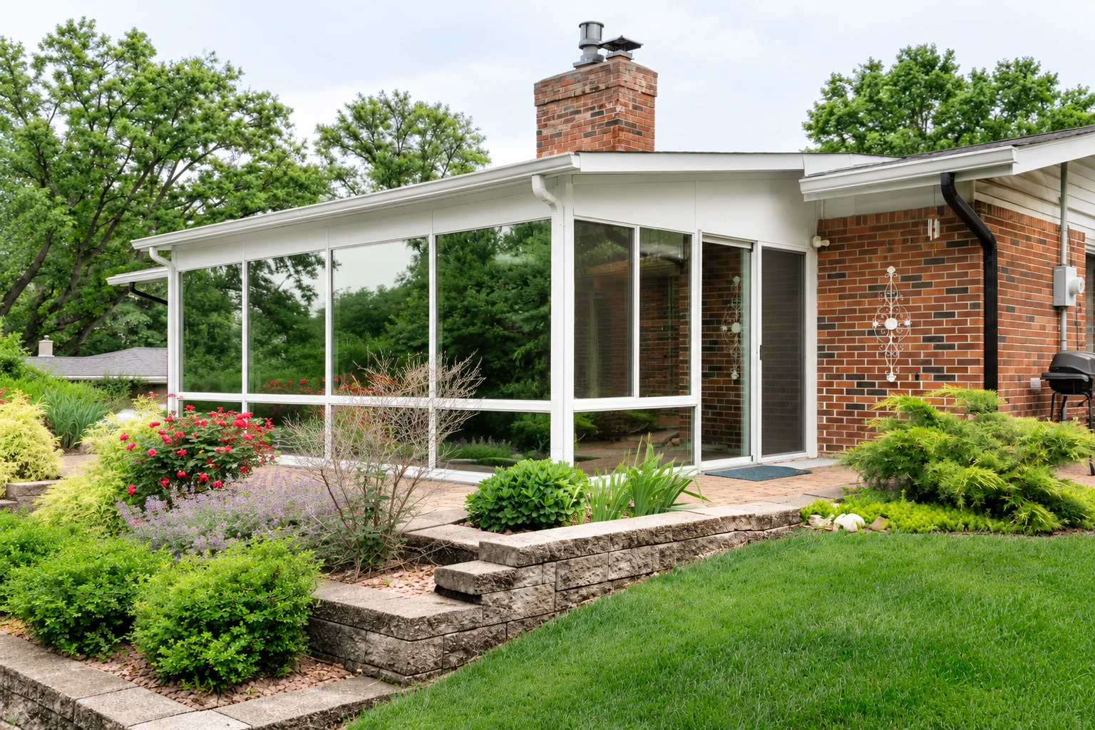 A white-framed three-season sunroom with broad windows adjoins a brick house, surrounded by garden beds and a stone retaining wall.