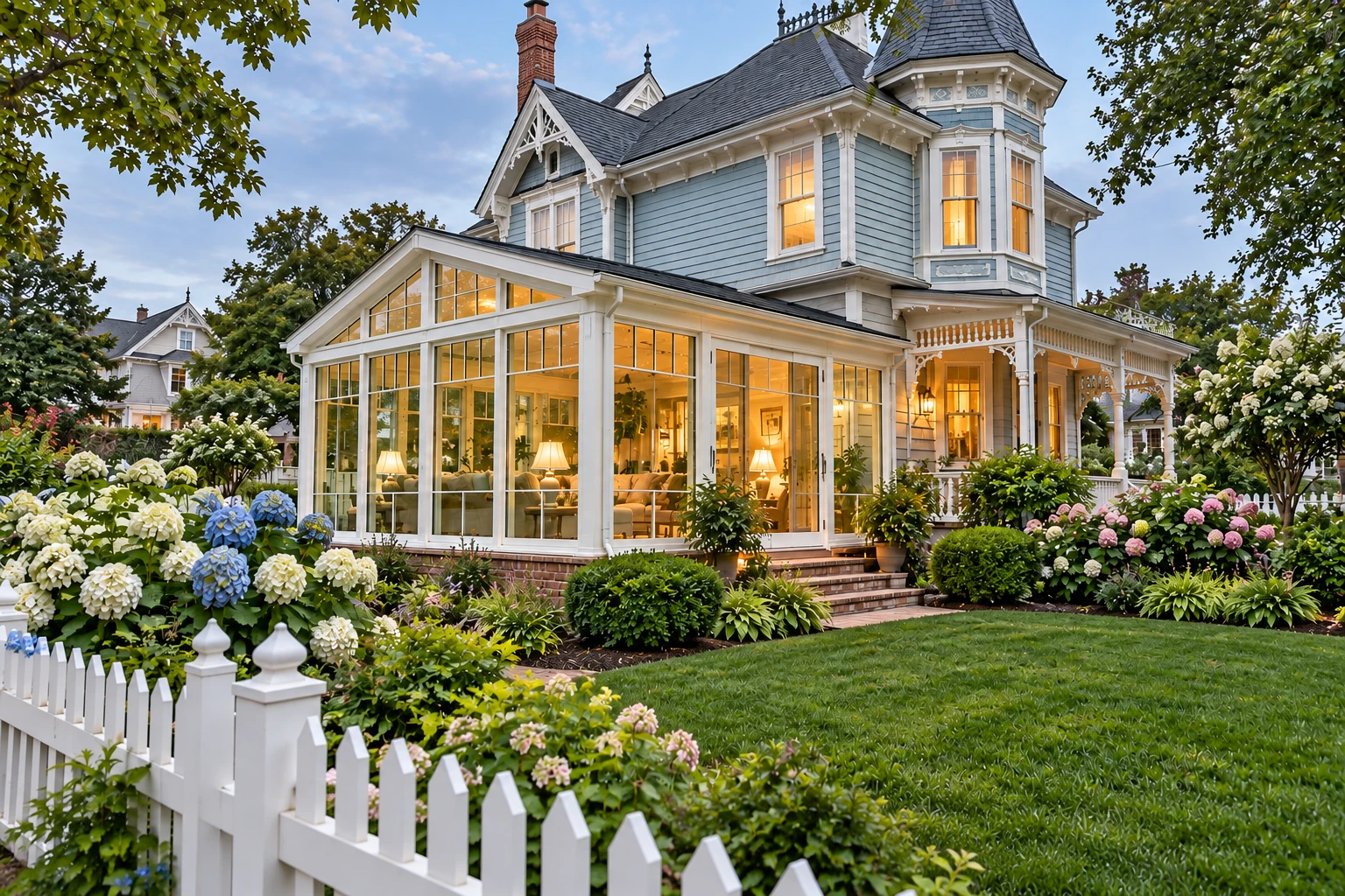 A blue Victorian-style house with a bright glass sunroom addition, surrounded by flowering shrubs and a white picket fence.